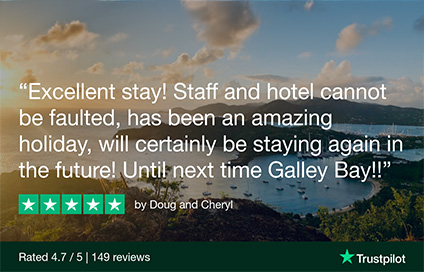 A customer review with 4.7 out of 5 stars rating on Trustpilot praises a holiday stay at Galley Bay, highlighting excellent staff and hotel. The image shows a scenic view of a bay under a partly cloudy sky.