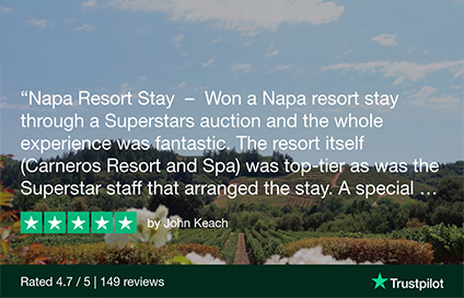 Trustpilot review with 5-star rating for Napa Resort Stay, commending the resort and Superstars auction staff for a fantastic experience.