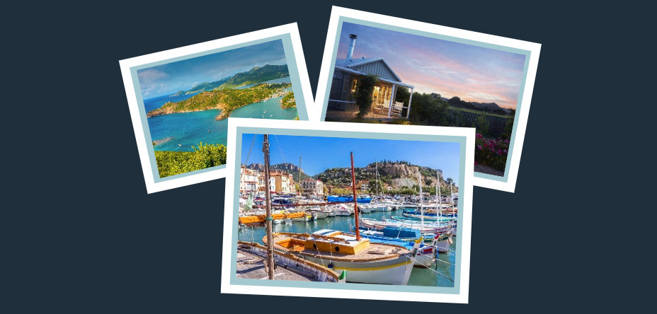 A collage of travel images showcasing diverse destinations: a panoramic coastal view with lush greenery, a harbour with colourful boats, and a rustic cabin at sunset.