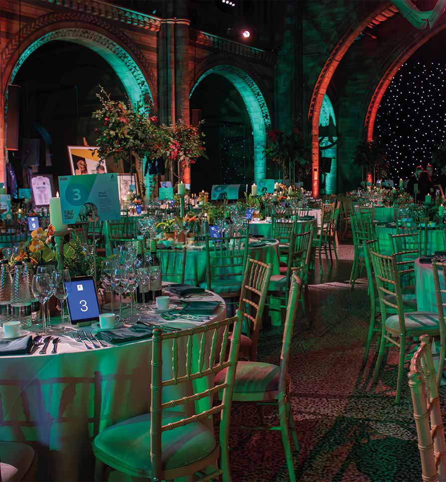 Elegant gala dinner setting in a historic venue with arches lit in green, tables adorned with green chairs, floral centrepieces, and twinkling star lights in the background.