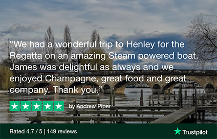 A Trustpilot review by Andrew Piper praising a wonderful trip to Henley for the Regatta on a steam-powered boat, highlighting delightful staff, champagne, great food, and company.