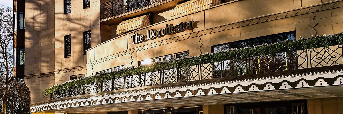 The Dorchester Hotel entrance in London, showcasing the exterior of the luxury venue.